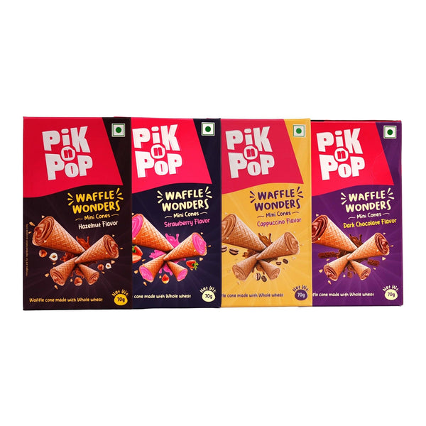 Pik n Pop Assorted Mini Waffle Cones – Pack of 4 | Hazelnut, Cappuccino, Dark Chocolate & Strawberry