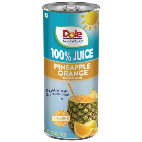 DOLE Pineapple Orange - 100% Juice From Conentrate, No Added Sugar & Preservatives, 240 ml (PACK OF 8)