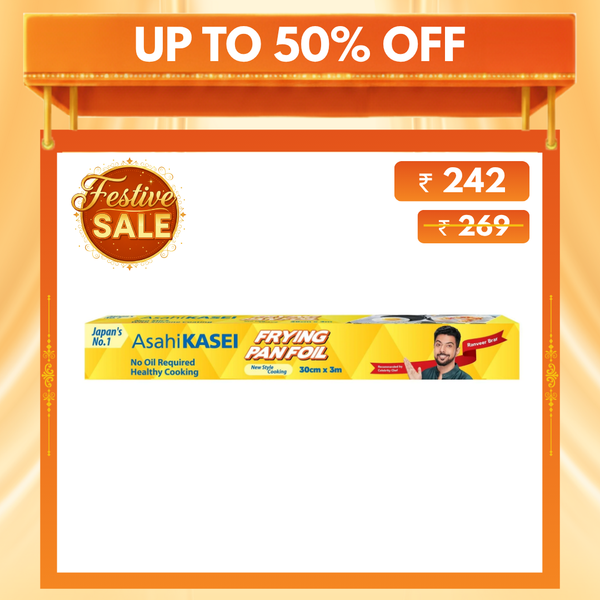 Asahi Kasei frying pan foil packaging with promotional text on a yellow background