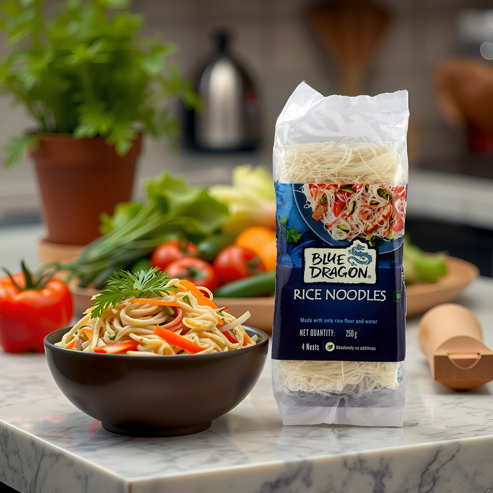 Blue Dragon Rice Noodle and a bowl of noodles