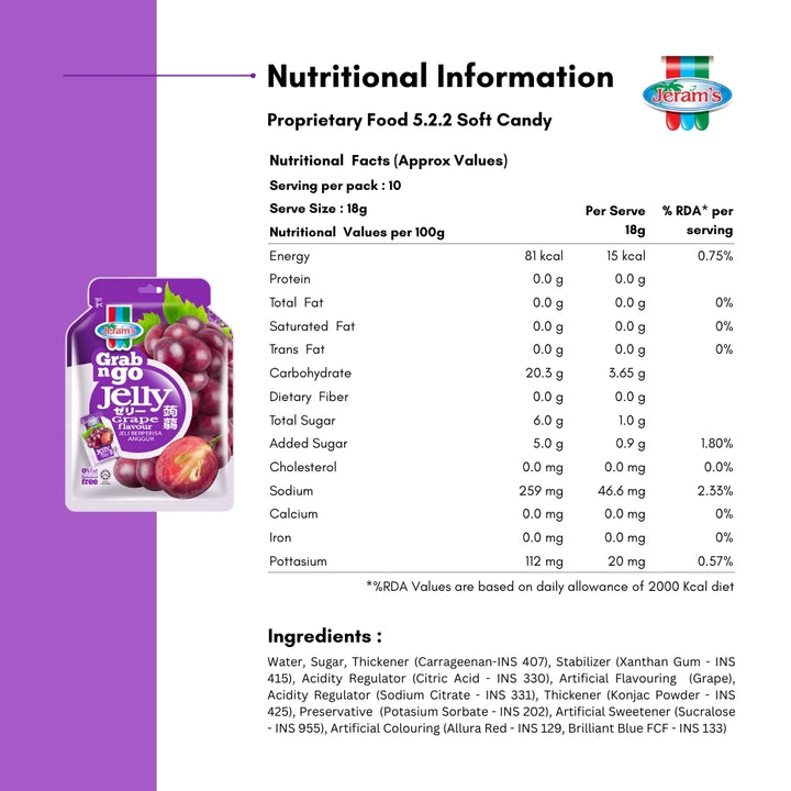 Nutritional information and product packaging of a Jeram's jelly product on a purple background