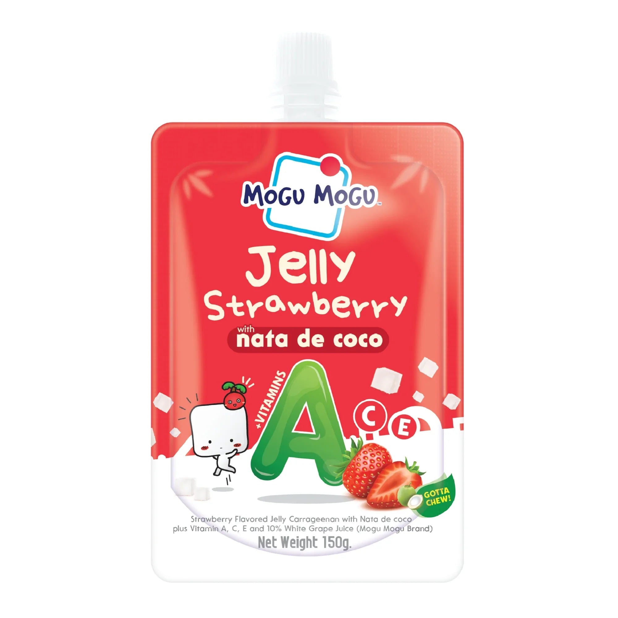 Red packaging of Mogu Mogu Jelly Strawberry with nata de coco on a white background