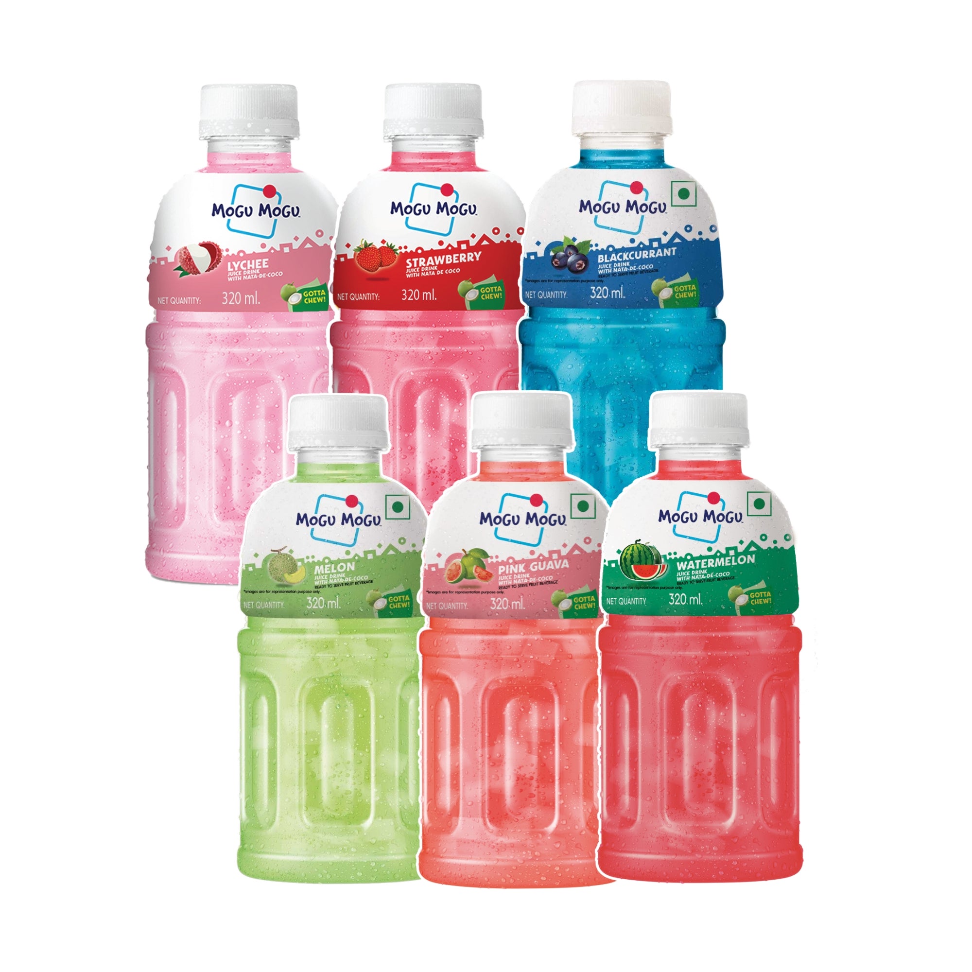 Six bottles of Mogu Mogu drinks in different flavors on a white background
