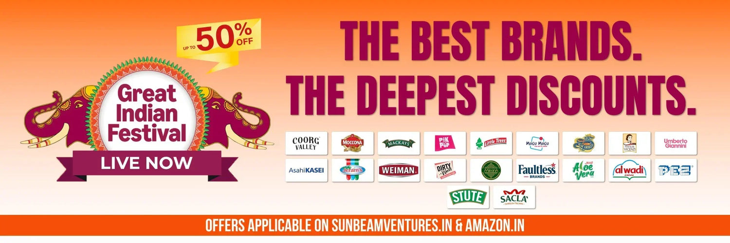 Promotional banner for 'Great Indian Festival' with discounts and brand logos on an orange background.