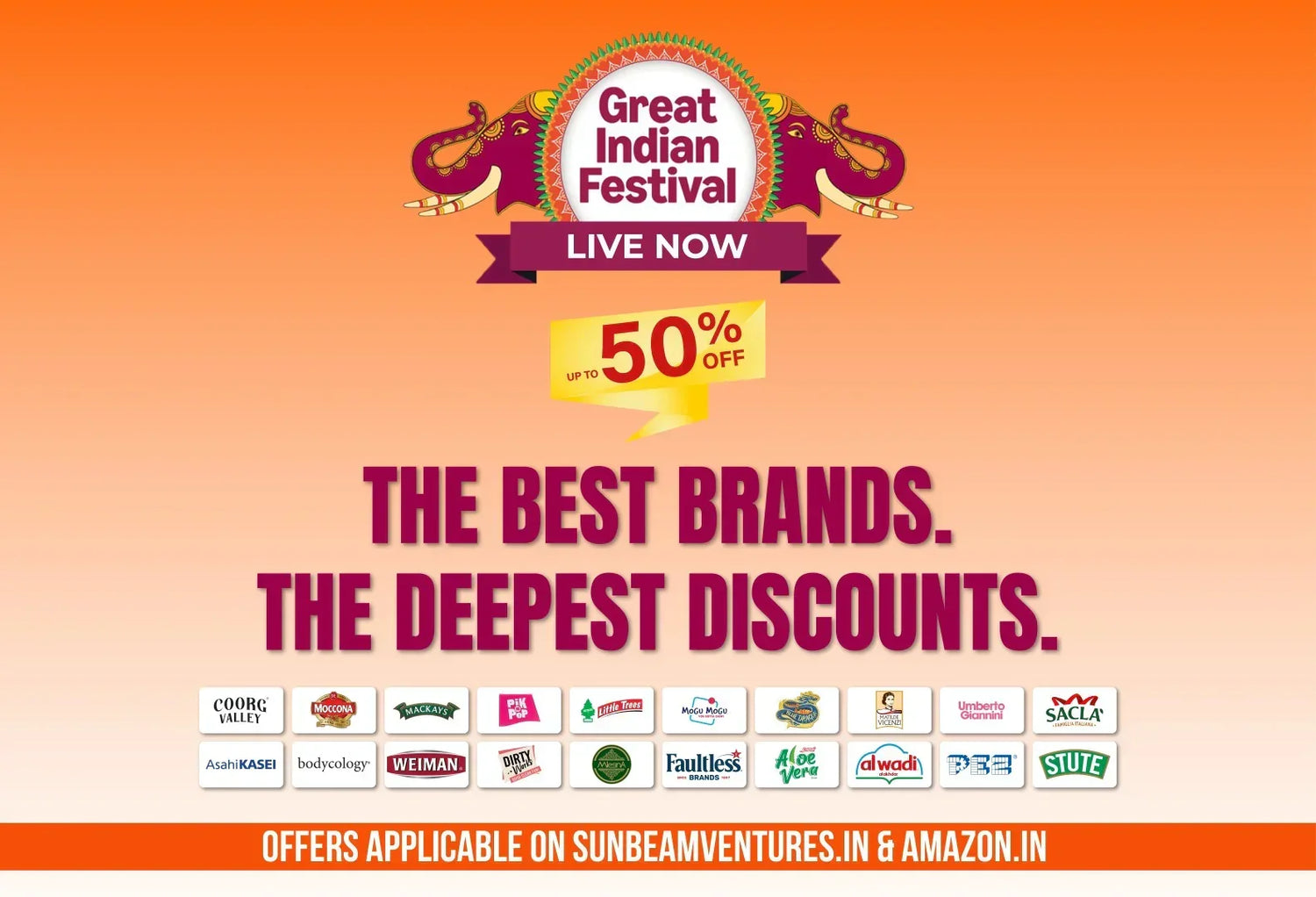Promotional banner for 'Great Indian Festival' with discounts and brand logos on an orange gradient background.
